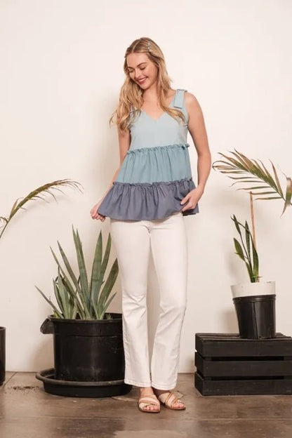 Lime 'N' Chili Full Size Color Block V - Neck Baby Doll Sleeveless Top Plus Size - Bitsy Gypsy Boutique