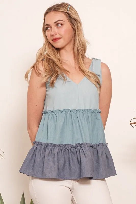 Lime 'N' Chili Full Size Color Block V - Neck Baby Doll Sleeveless Top Plus Size - Bitsy Gypsy Boutique