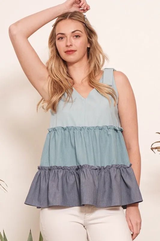 Lime 'N' Chili Full Size Color Block V - Neck Baby Doll Sleeveless Top Plus Size - Bitsy Gypsy Boutique