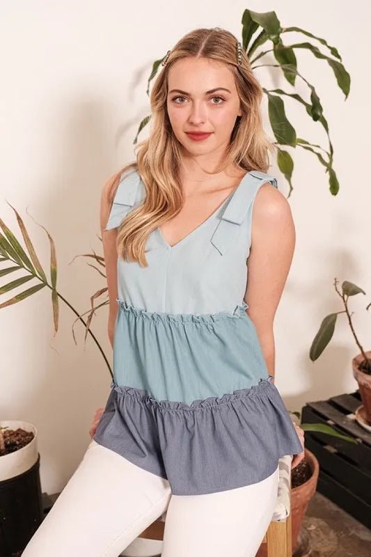 Lime 'N' Chili Full Size Color Block V - Neck Baby Doll Sleeveless Top Plus Size - Bitsy Gypsy Boutique