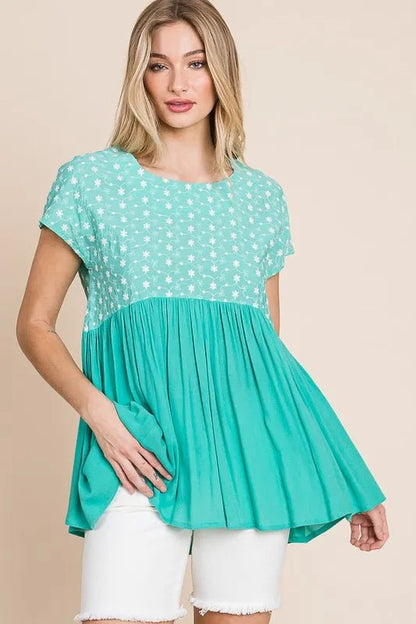 Lime 'N' Chili Full Size Embroidered Short Sleeve Pleated Babydoll Top Plus Size - Bitsy Gypsy Boutique