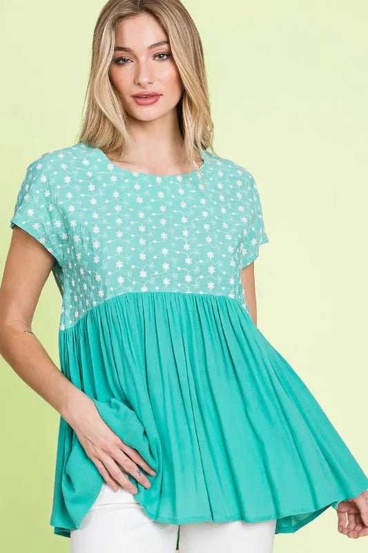 Lime 'N' Chili Full Size Embroidered Short Sleeve Pleated Babydoll Top Plus Size - Bitsy Gypsy Boutique