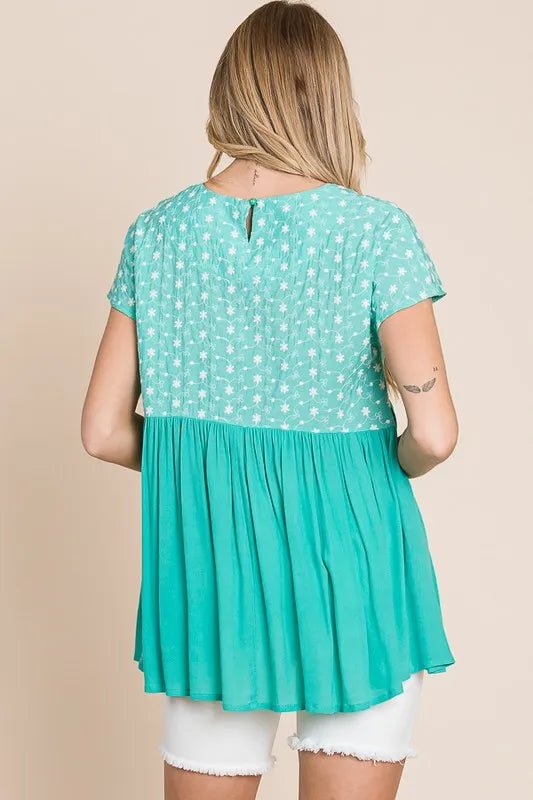 Lime 'N' Chili Full Size Embroidered Short Sleeve Pleated Babydoll Top Plus Size - Bitsy Gypsy Boutique