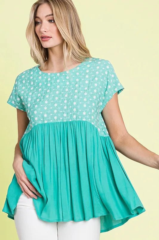 Lime 'N' Chili Full Size Embroidered Short Sleeve Pleated Babydoll Top Plus Size - Bitsy Gypsy Boutique