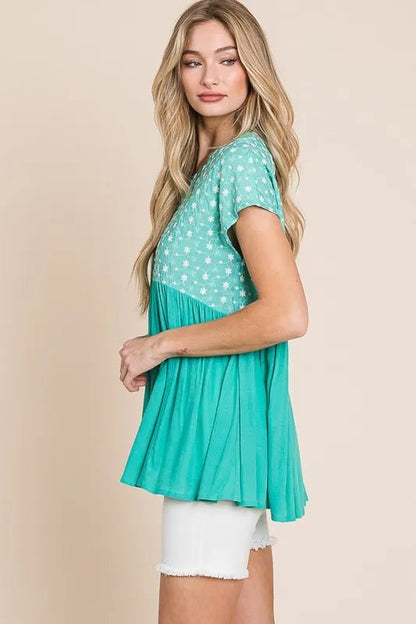 Lime 'N' Chili Full Size Embroidered Short Sleeve Pleated Babydoll Top Plus Size - Bitsy Gypsy Boutique