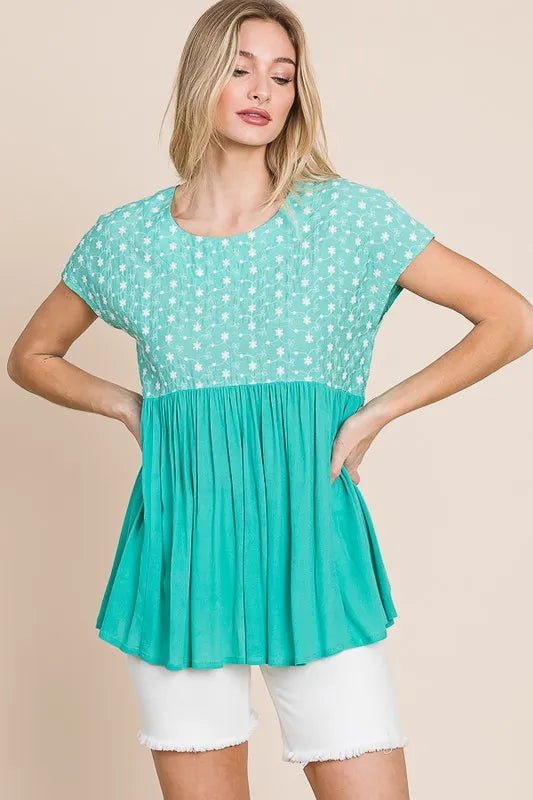 Lime 'N' Chili Full Size Embroidered Short Sleeve Pleated Babydoll Top Plus Size - Bitsy Gypsy Boutique