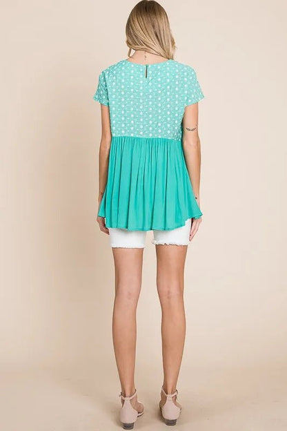 Lime 'N' Chili Full Size Embroidered Short Sleeve Pleated Babydoll Top Plus Size - Bitsy Gypsy Boutique