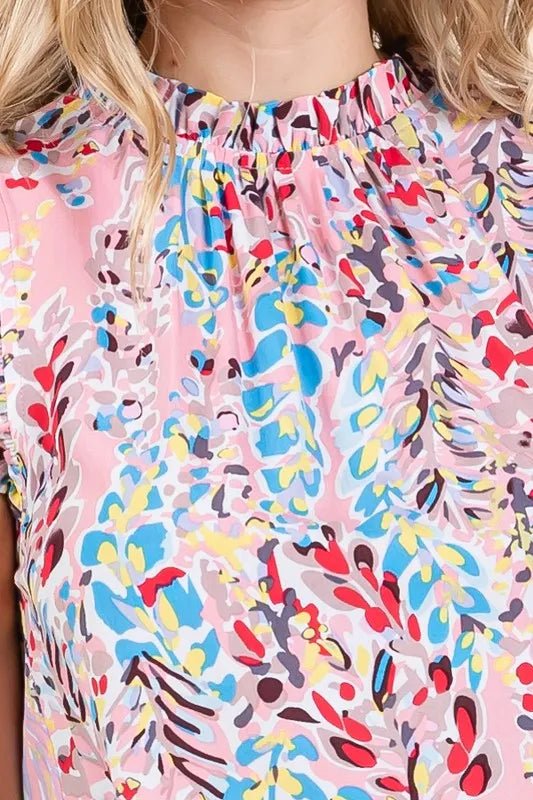 Lime 'N' Chili Full Size Graphic Print Ruffle Trim Mock Neck Sleeveless Top Plus Size - Bitsy Gypsy Boutique