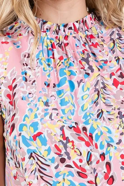 Lime 'N' Chili Full Size Graphic Print Ruffle Trim Mock Neck Sleeveless Top Plus Size - Bitsy Gypsy Boutique