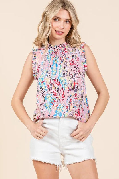 Lime 'N' Chili Full Size Graphic Print Ruffle Trim Mock Neck Sleeveless Top Plus Size - Bitsy Gypsy Boutique