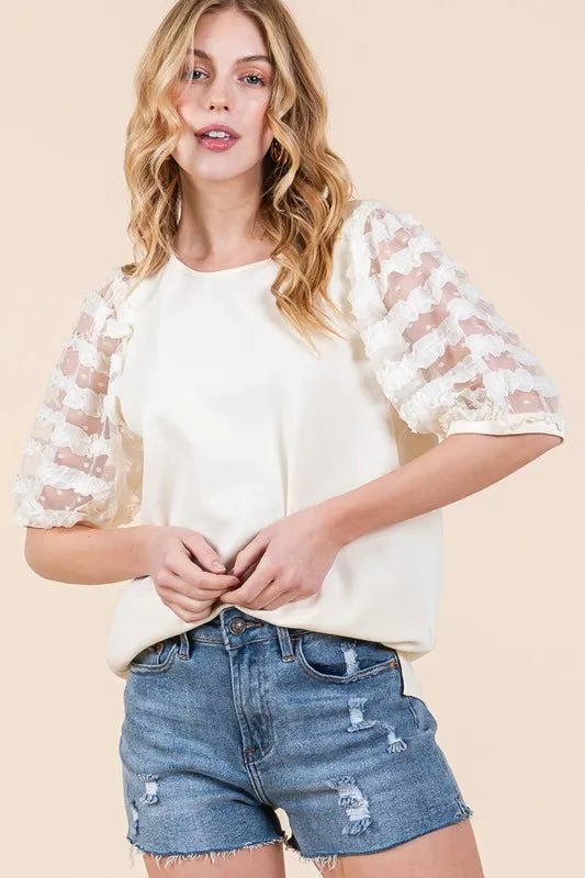 Lime 'N' Chili Full Size Lace Puff Sleeve Round Neck Top - Bitsy Gypsy Boutique