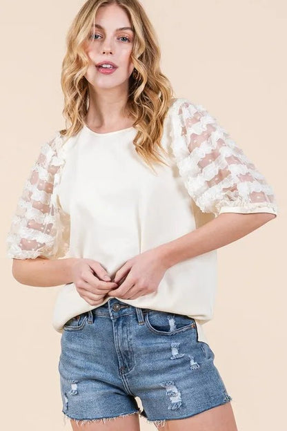 Lime 'N' Chili Full Size Lace Puff Sleeve Round Neck Top - Bitsy Gypsy Boutique