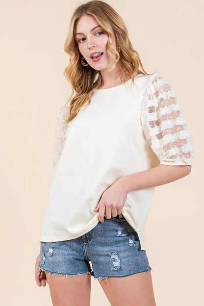 Lime 'N' Chili Full Size Lace Puff Sleeve Round Neck Top - Bitsy Gypsy Boutique