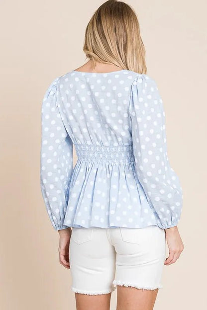 Lime 'N' Chili Polka Dot Print Balloon Sleeve Babydoll Peplum Top - Bitsy Gypsy Boutique