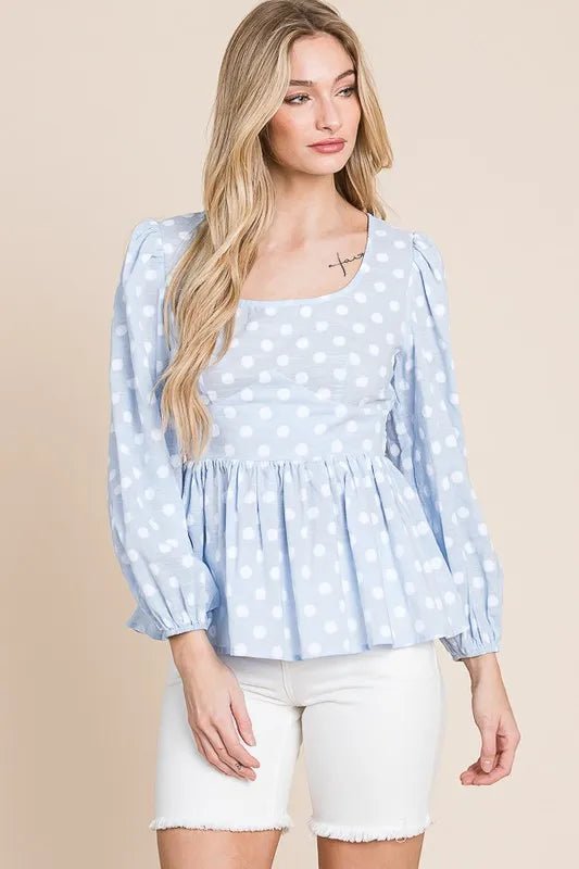 Lime 'N' Chili Polka Dot Print Balloon Sleeve Babydoll Peplum Top - Bitsy Gypsy Boutique