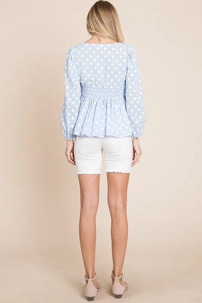 Lime 'N' Chili Polka Dot Print Balloon Sleeve Babydoll Peplum Top - Bitsy Gypsy Boutique