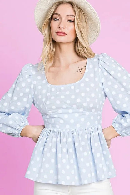 Lime 'N' Chili Polka Dot Print Balloon Sleeve Babydoll Peplum Top - Bitsy Gypsy Boutique