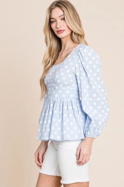 Lime 'N' Chili Polka Dot Print Balloon Sleeve Babydoll Peplum Top - Bitsy Gypsy Boutique