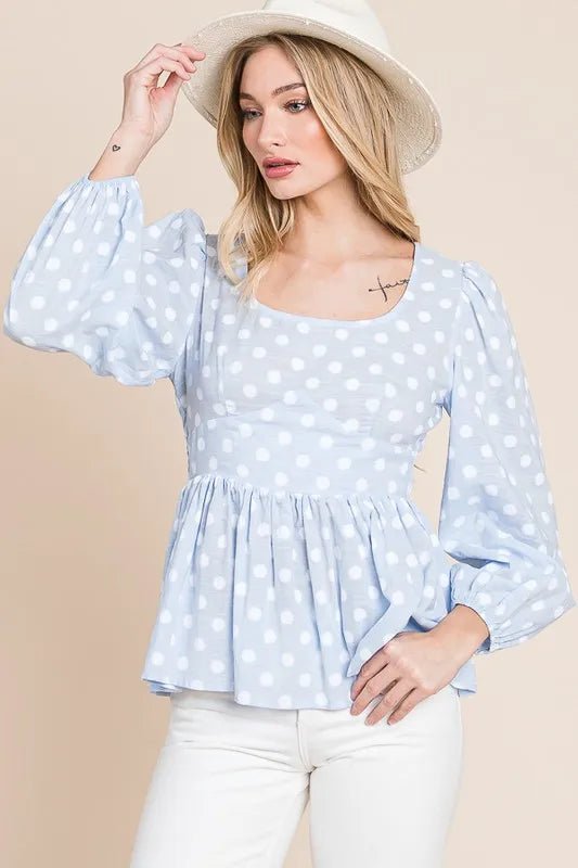 Lime 'N' Chili Polka Dot Print Balloon Sleeve Babydoll Peplum Top - Bitsy Gypsy Boutique