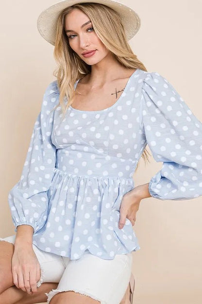 Lime 'N' Chili Polka Dot Print Balloon Sleeve Babydoll Peplum Top - Bitsy Gypsy Boutique