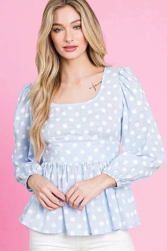 Lime 'N' Chili Polka Dot Print Balloon Sleeve Babydoll Peplum Top - Bitsy Gypsy Boutique