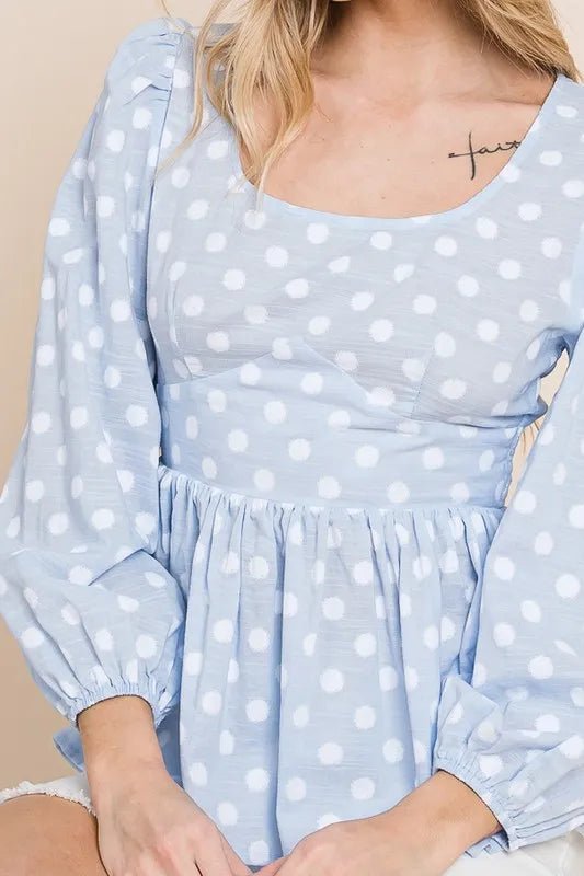 Lime 'N' Chili Polka Dot Print Balloon Sleeve Babydoll Peplum Top - Bitsy Gypsy Boutique