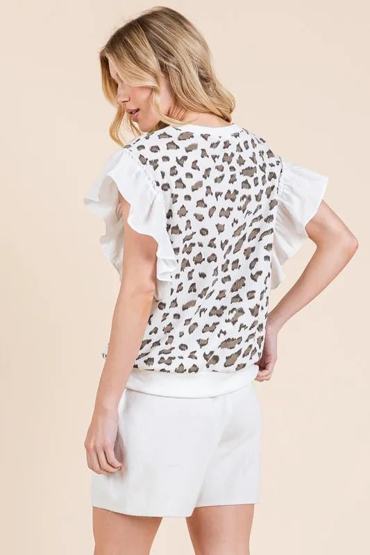 Lime 'N' Chili Ribbed Leopard Print Ruffle Detail Sleeveless Top - Bitsy Gypsy Boutique