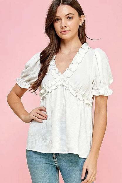 Lime 'N' Chili Solid Ruffled Deep V - Neck Puff Sleeve Babydoll Top - Bitsy Gypsy Boutique