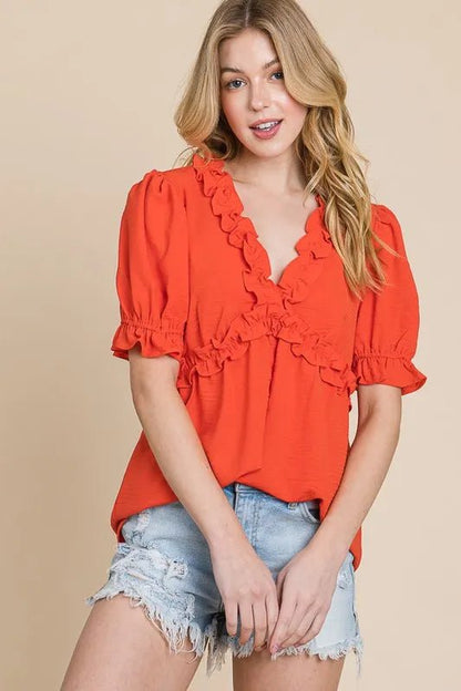 Lime 'N' Chili Solid Ruffled Deep V - Neck Puff Sleeve Babydoll Top - Bitsy Gypsy Boutique