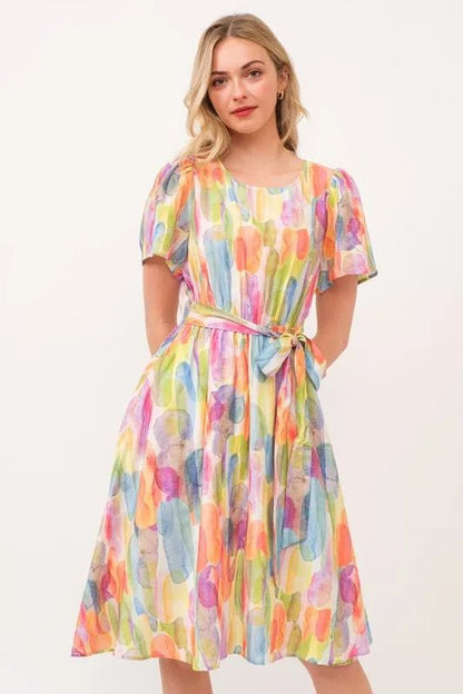 Lime 'N' Chili Watercolor Print Tie Front Midi Dress - Bitsy Gypsy Boutique