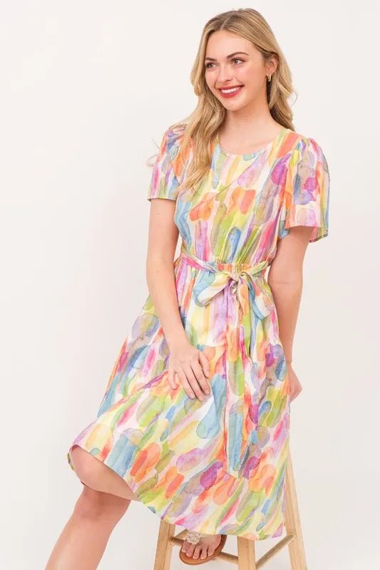 Lime 'N' Chili Watercolor Print Tie Front Midi Dress - Bitsy Gypsy Boutique