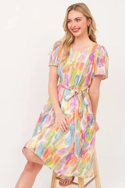 Lime 'N' Chili Watercolor Print Tie Front Midi Dress - Bitsy Gypsy Boutique