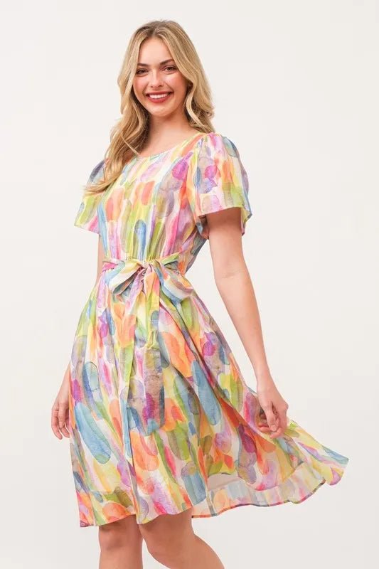 Lime 'N' Chili Watercolor Print Tie Front Midi Dress - Bitsy Gypsy Boutique