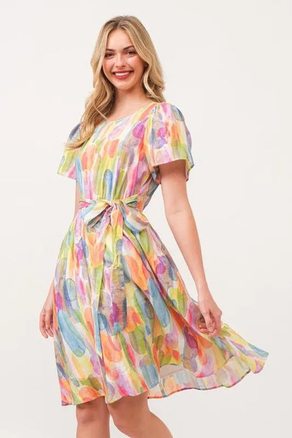 Lime 'N' Chili Watercolor Print Tie Front Midi Dress - Bitsy Gypsy Boutique