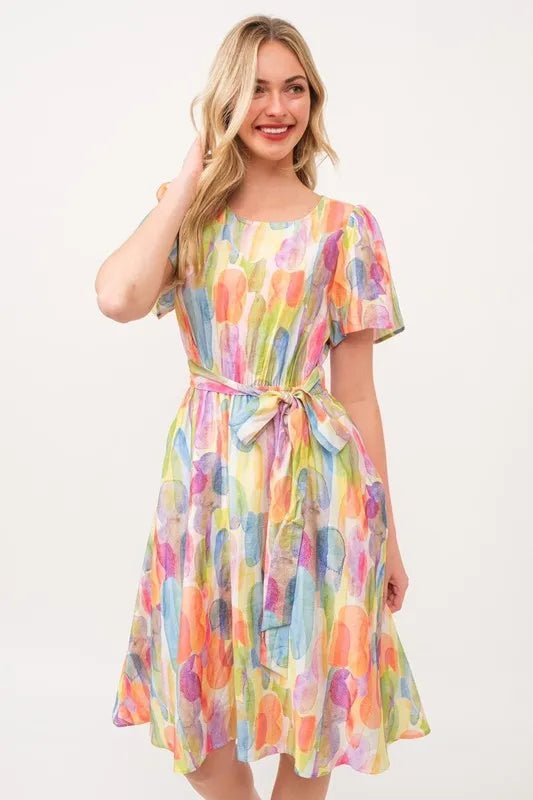 Lime 'N' Chili Watercolor Print Tie Front Midi Dress - Bitsy Gypsy Boutique