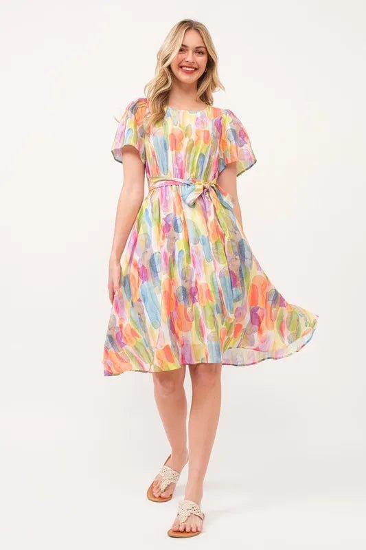 Lime 'N' Chili Watercolor Print Tie Front Midi Dress - Bitsy Gypsy Boutique