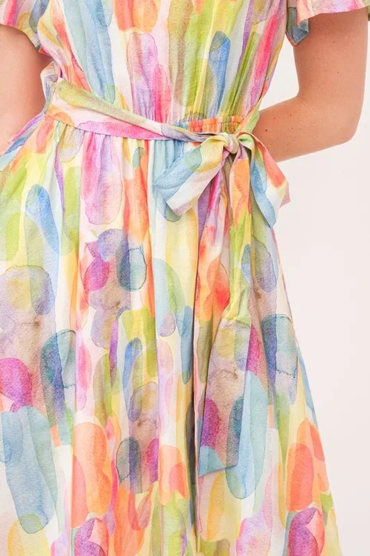 Lime 'N' Chili Watercolor Print Tie Front Midi Dress - Bitsy Gypsy Boutique