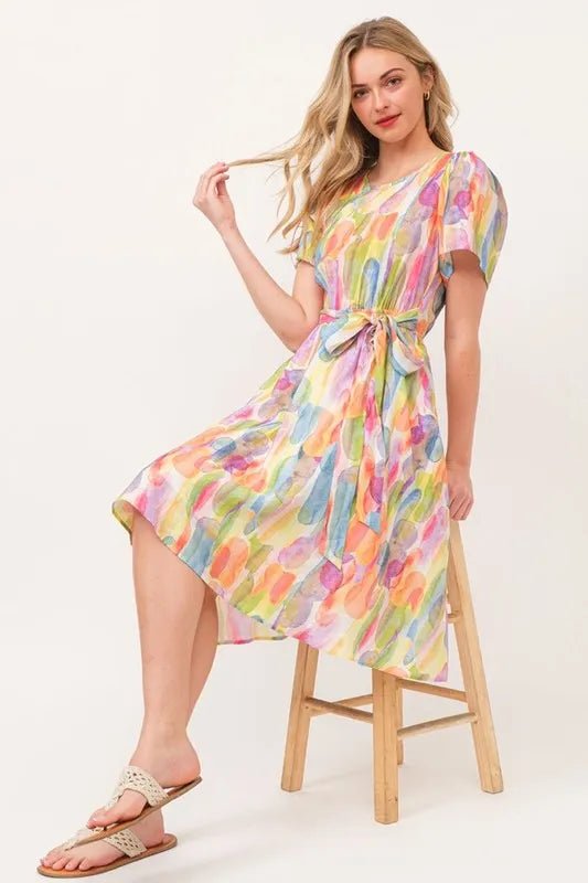 Lime 'N' Chili Watercolor Print Tie Front Midi Dress - Bitsy Gypsy Boutique