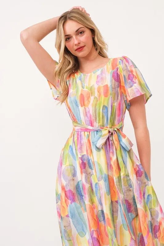 Lime 'N' Chili Watercolor Print Tie Front Midi Dress - Bitsy Gypsy Boutique