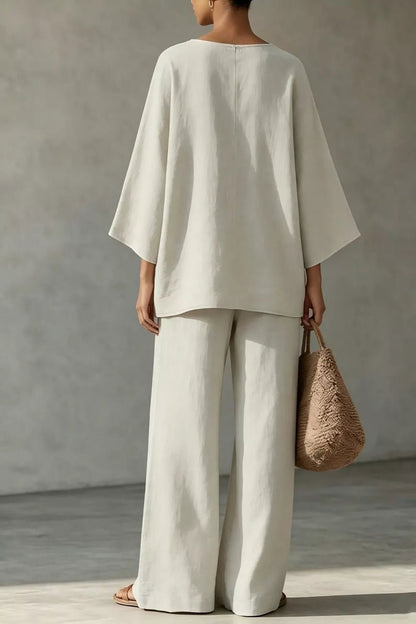 Linen Boat Neck Top and Wide-Leg Pants Set - Bitsy Gypsy Boutique