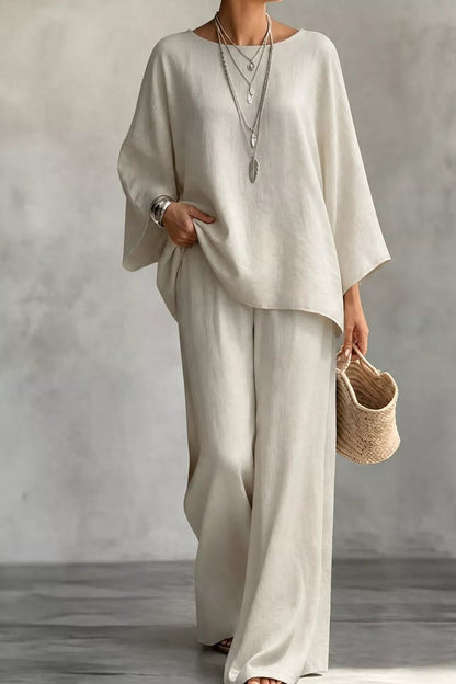 Linen Boat Neck Top and Wide-Leg Pants Set - Bitsy Gypsy Boutique