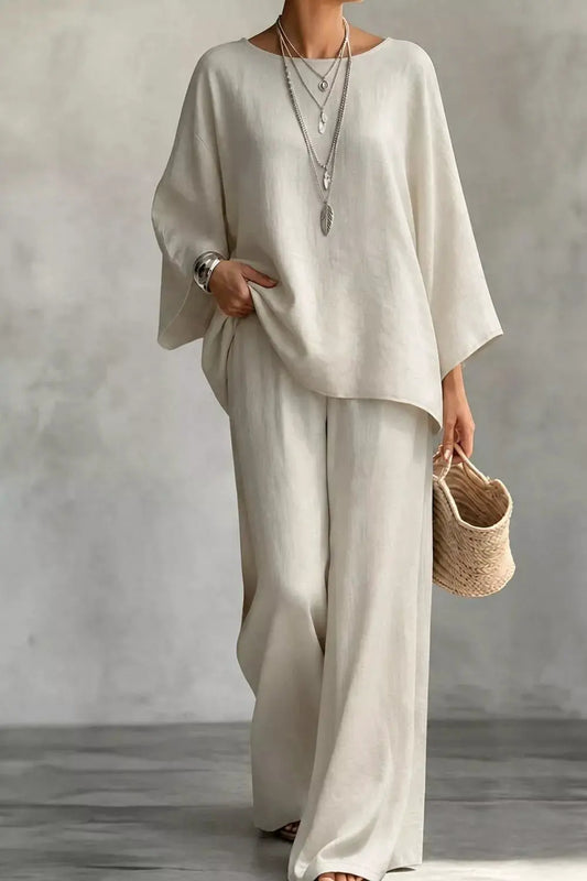 Linen Boat Neck Top and Wide-Leg Pants Set by Trendsi
