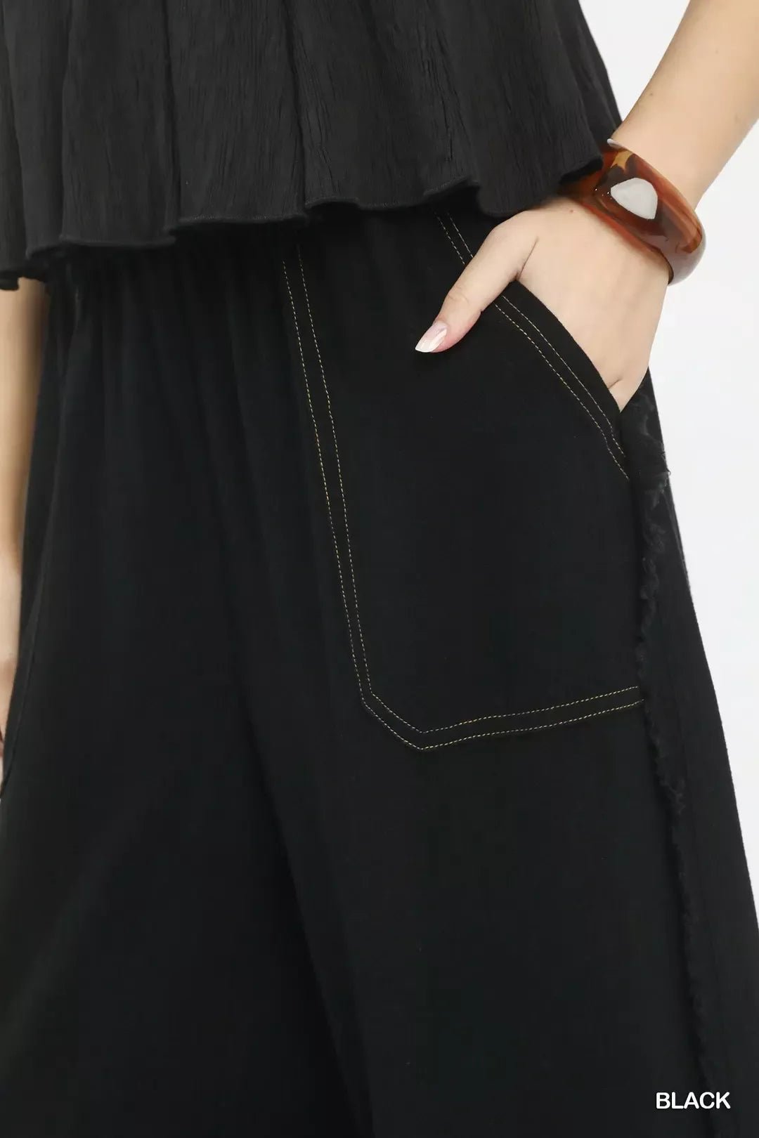 Linen Frayed Side Pocket Wide Leg Pants - Bitsy Gypsy Boutique