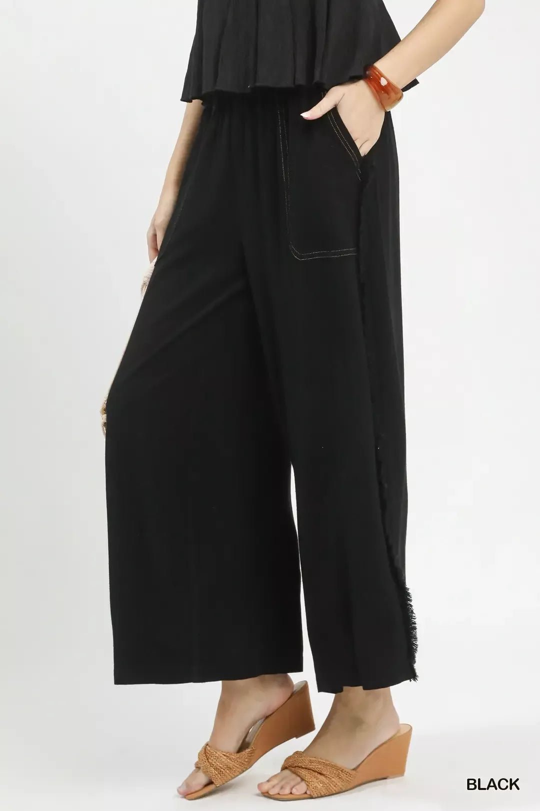 Linen Frayed Side Pocket Wide Leg Pants - Bitsy Gypsy Boutique
