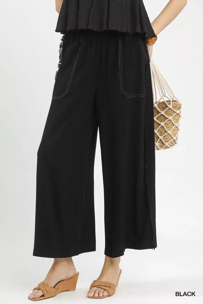 Linen Frayed Side Pocket Wide Leg Pants - Bitsy Gypsy Boutique