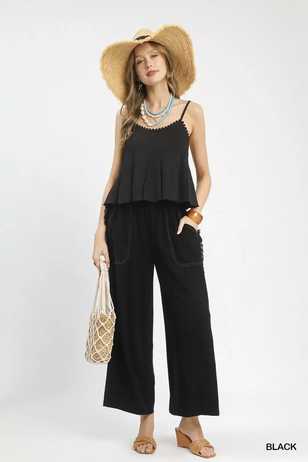 Linen Frayed Side Pocket Wide Leg Pants - Bitsy Gypsy Boutique