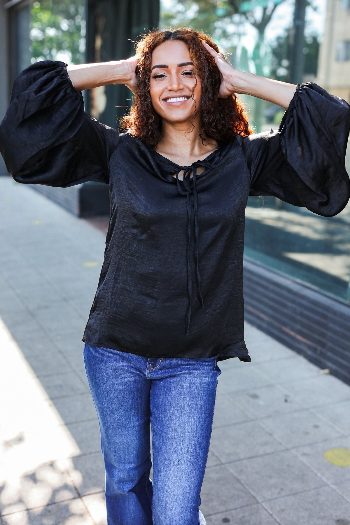 Live For Today Black Woven Front Tie Silky Blouse - Bitsy Gypsy Boutique