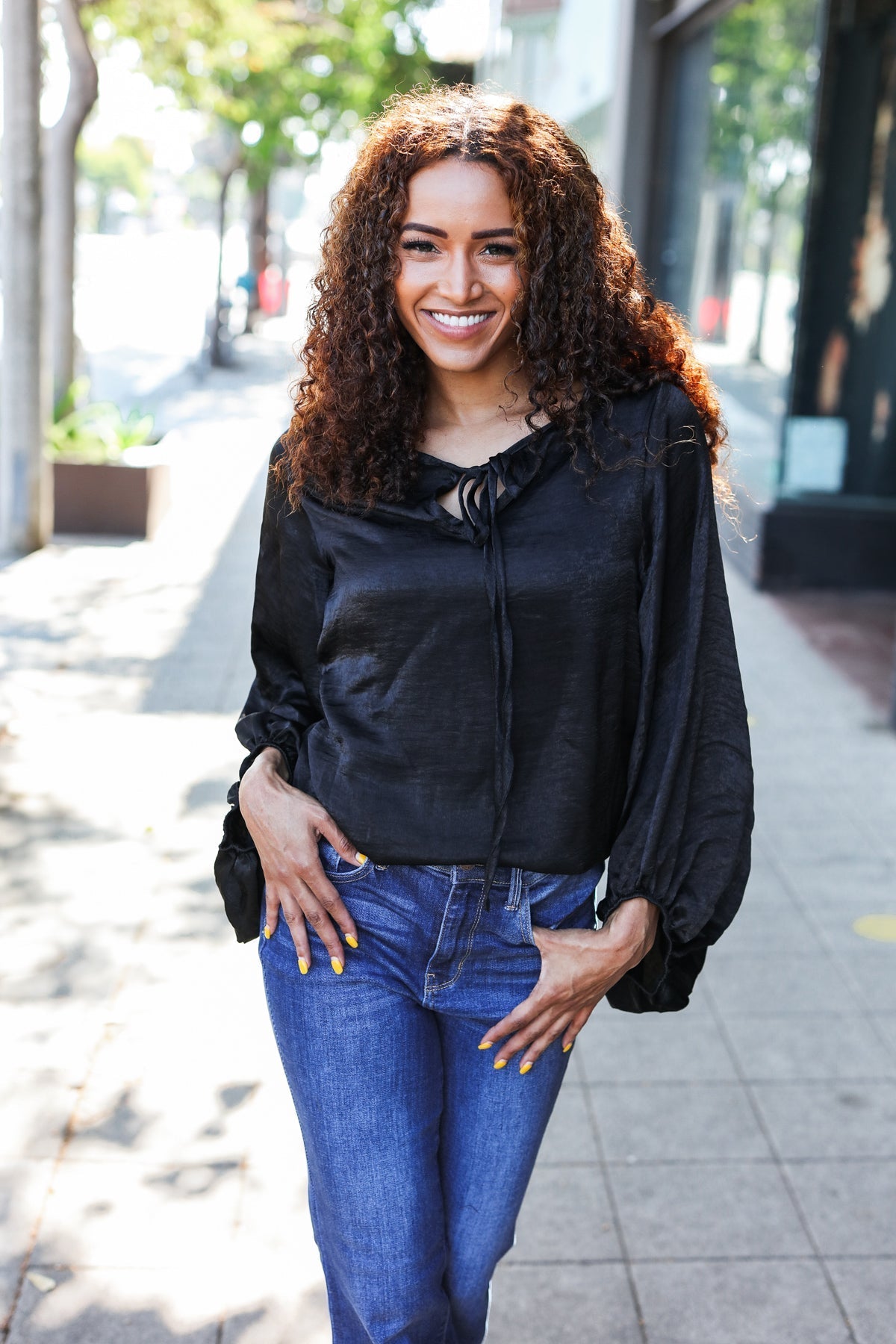 Live For Today Black Woven Front Tie Silky Blouse - Bitsy Gypsy Boutique