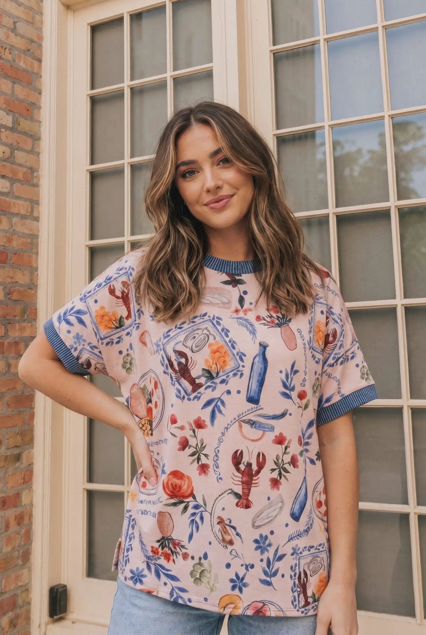 Lobster & Blooms Printed Ringer Tee by Haptics