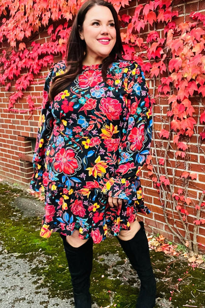 Lock Eyes Black Floral Sequin Print Ruffle Sleeve Frill Mock Neck Dress - Bitsy Gypsy Boutique
